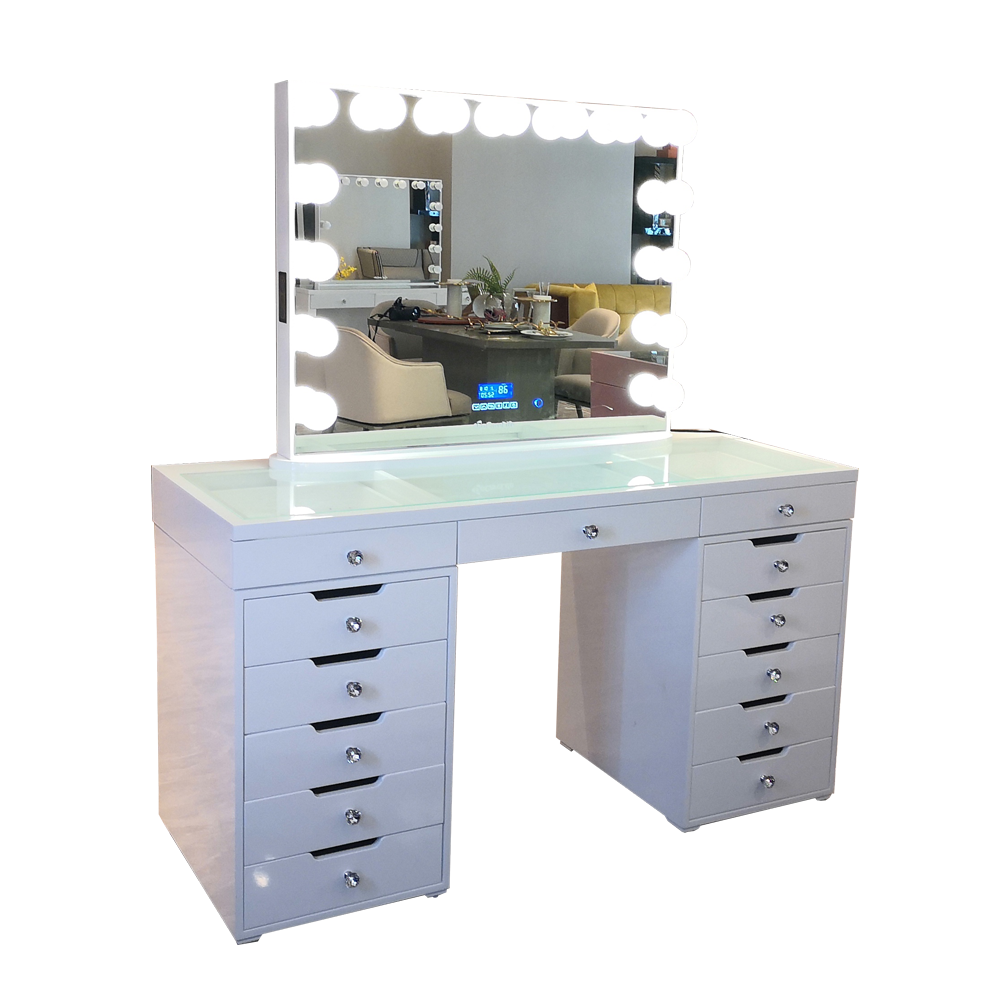 Stock in US! Docarelife 13 Drawers Vanity Hollywood Girl Dressing Table with Lighted Mirror for Cosm