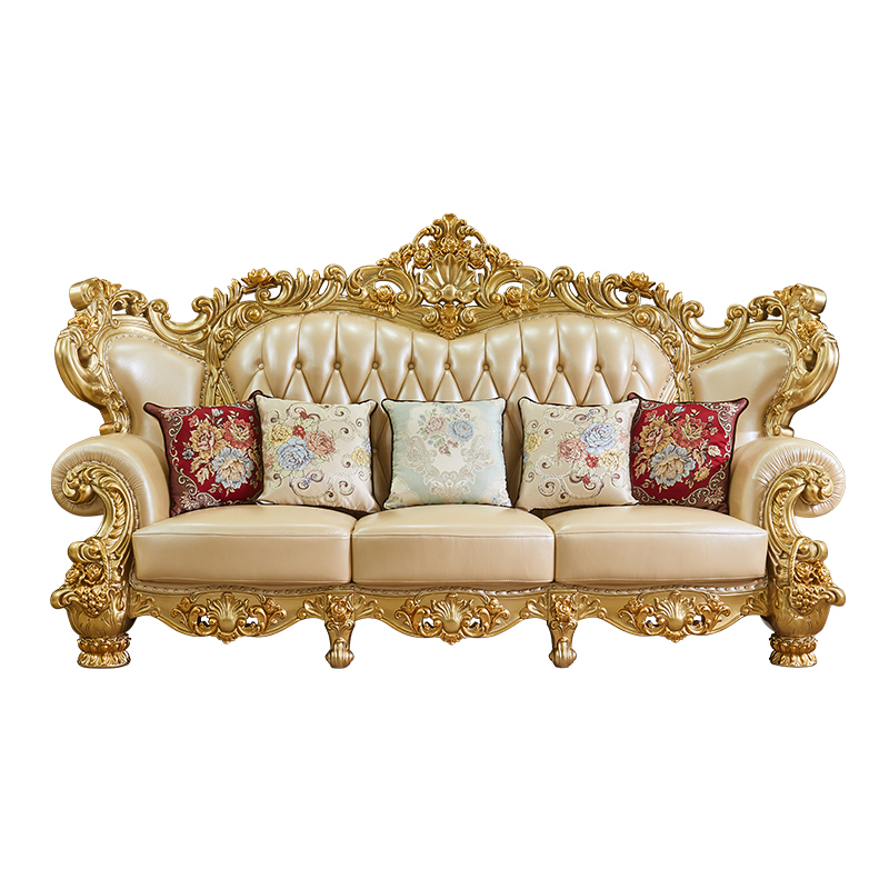 Classic Antique Royal Gold Golden Sofa Set muebles Living Room Furniture solid wood frame genuine le